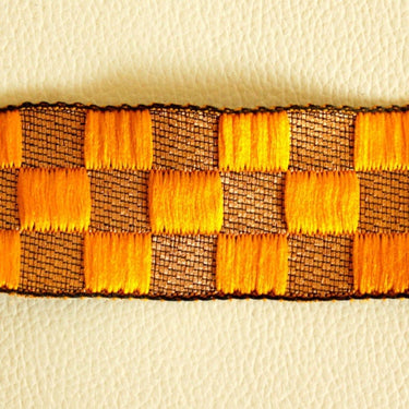 Yellow And Bronze Embroidered Chequered Trim, Approx. 35mm Wide